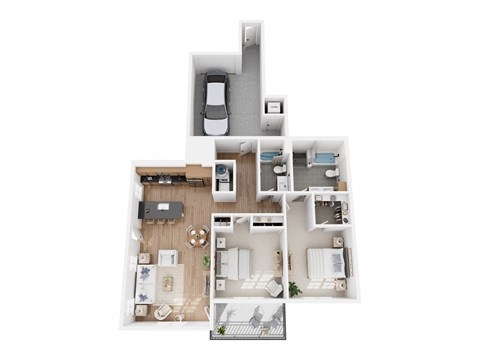 Apartment B floor plan showing a two bedroom, two bathroom apartment with attached garage